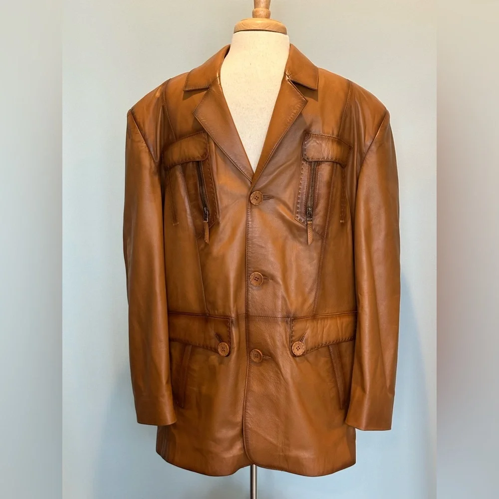 Marcello Sport Buckskin Leather Vintage Sport Jacket detailed Stitching Size XL